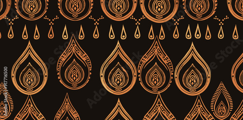Intricate teardrop pattern with gold accents on black background. Ideal for wallpaper fabric or design project