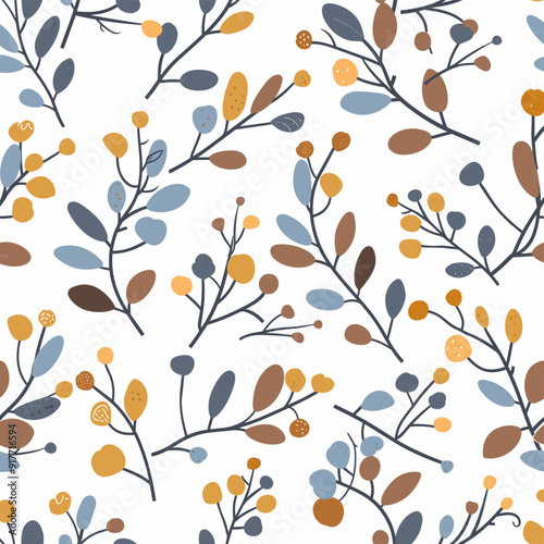Seamless pattern with abstract branches and berries in blue, brown and yellow on white background. This repeating design is perfect for wallpaper, textile, packaging, or any other creative project.