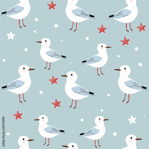 Seamless pattern with cute cartoon seagulls and red stars on a blue background. Perfect for fabric, wallpaper, wrapping paper, and other design projects.