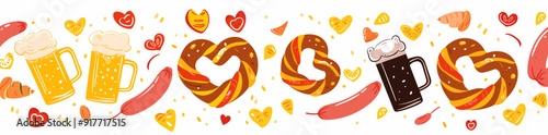 A festive illustration featuring two mugs of beer pretzels sausages and hearts perfect for celebrating a special occasion or event