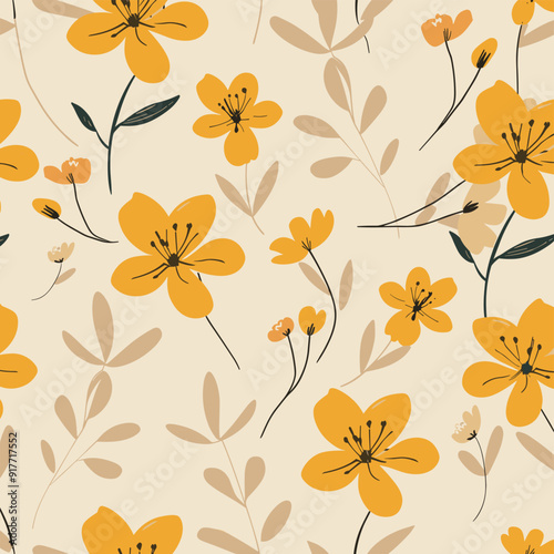 Wallpaper Mural Seamless pattern with yellow flowers and brown leaves on a light beige background. Perfect for wallpaper fabric or packaging design Torontodigital.ca