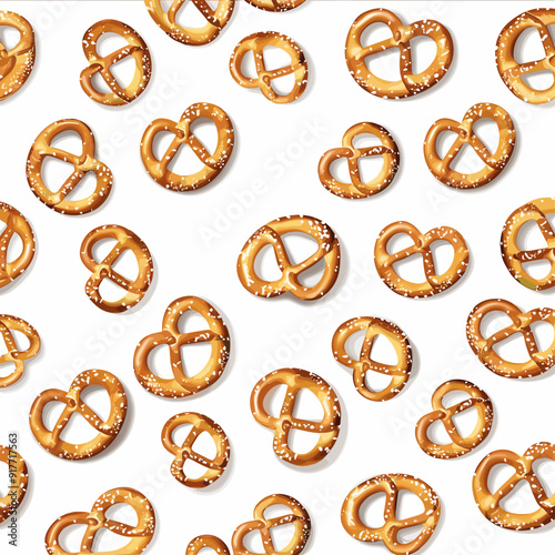 A seamless pattern of scattered pretzels with salt. These pretzels are a delicious snack or addition to your next beer