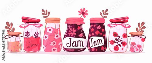 Eight jars of jam with pink and red designs and floral accents on a white background