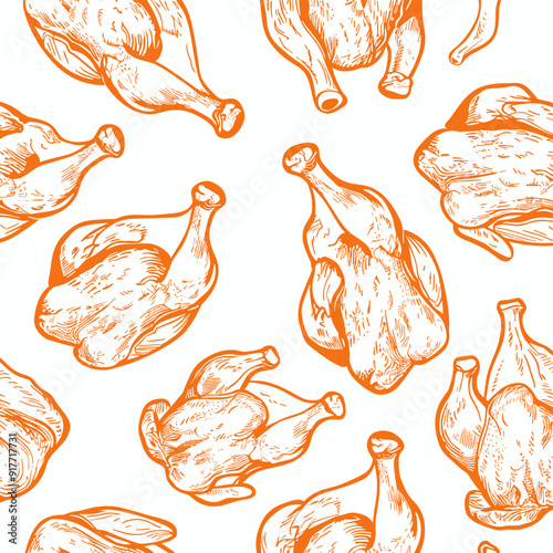 Seamless pattern of orange hand-drawn chicken legs on a white background. Perfect for culinary blogs recipe sites and food packaging