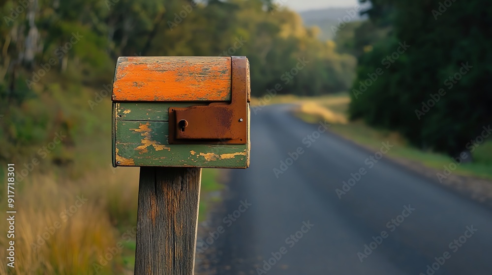 Close-up of a hand-painted wooden mailbox, with chipped edges and a rusted latch, standing on a quiet country road, bathed in warm sunlight Close-up of a hand-painted wooden mailbox, with chipped edges and a rusted latch, standing on a quiet country road, bathed in warm sunlight
