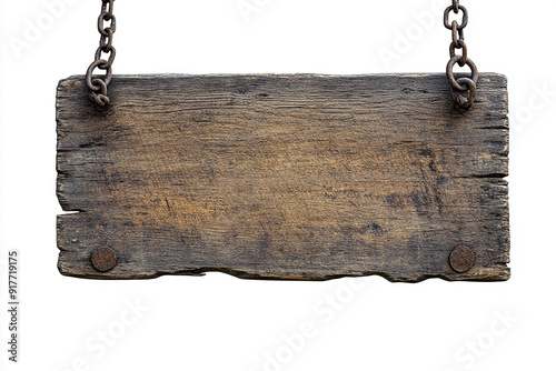 Old wooden sign board hanging on chains isolated on white background