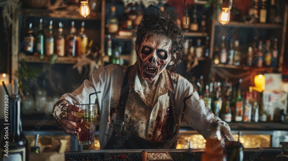 Halloween Zombie bartender serving drinks in a haunted bar Halloween Zombie bartender serving drinks in a haunted bar