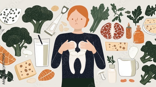 Illustration of calcium deficiency concept with sad figure surrounded by various calcium-rich foods