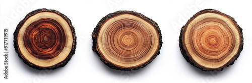 Three wooden tree rings, each with visible grain and wood texture, isolated on a white background