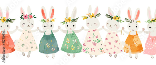 Seven cute bunnies in floral dresses hold hands and smile creating a cheerful and whimsical scene