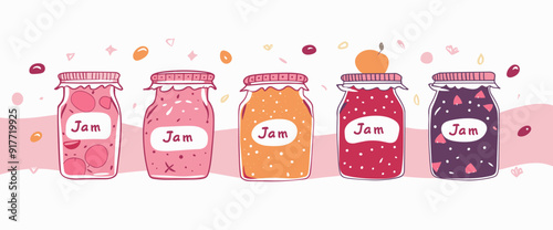 Five cartoon jars of jam with labels and fruits decorated with hearts and confetti on a pink background