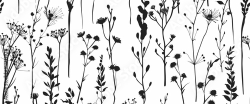 A seamless pattern of black silhouettes of various wildflowers and grasses on a white background. The delicate floral design is perfect for adding a touch of nature to any project