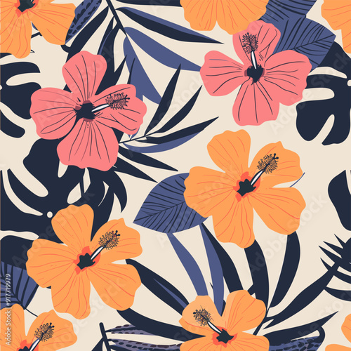 A vibrant and colorful seamless pattern featuring orange and pink hibiscus flowers blue and green leaves and a cream background. Perfect for textile prints wallpapers and fashion designs