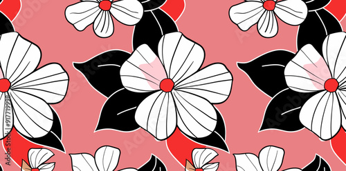 A seamless pattern featuring white flowers with red centers and black leaves on a pink background. This vibrant design is perfect for adding a touch of nature and elegance to any project
