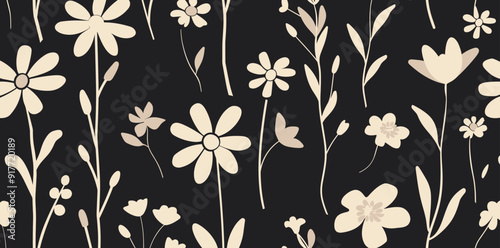 Seamless pattern with delicate floral elements on a black background Simple yet elegant design featuring various flowers and leaves in a light beige shade Perfect for creating a peaceful and calming a