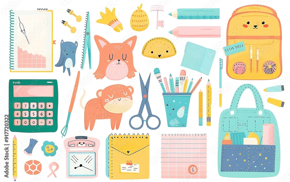 Cute Kawaii School Supplies Illustration Set Cute Kawaii School Supplies Illustration Set