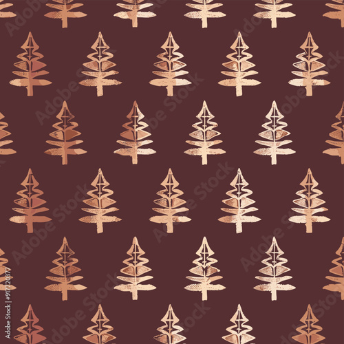 Seamless pattern of golden Christmas trees on a burgundy background. Perfect for festive wrapping paper, fabric design, or digital prints.