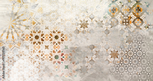 canvas texture background with islamic pattern .the patterns on vintage floor . Old gray brown rusty vintage worn shabby patchwork motif tiles stone concrete cement wall texture background banner
