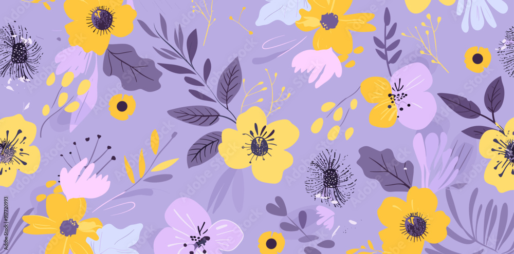 Obraz premium Seamless floral pattern with yellow and purple flowers and leaves on a light purple background