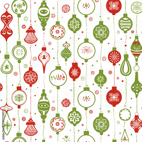 A festive Christmas pattern featuring red and green ornaments with intricate designs hanging from a white background with dotted strings and scattered snowflakes creating a joyful holiday aesthetic