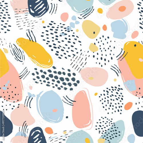 Abstract seamless pattern with colorful organic shapes and dots on a white background This pattern is perfect for creating a modern and stylish design for textiles wallpaper and other creative project
