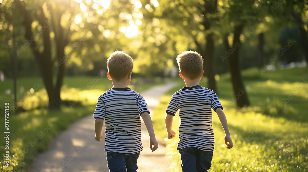 Obraz premium Two young boys in matching striped shirts running down a sunlit path in a park, representing the joy of friendship and outdoor adventure.