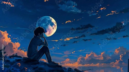 lofi man sitting on mountain in the night