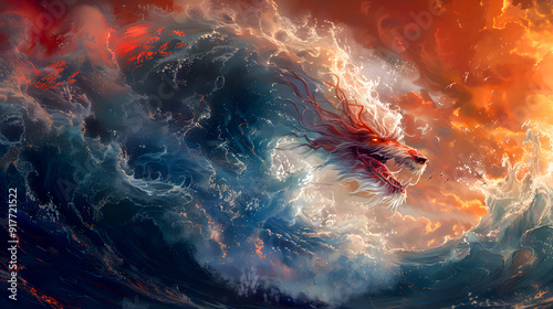 Ocean Wolf Head Wave. An impressive waves off kanagawa illustration in a modern anime style, manga art.