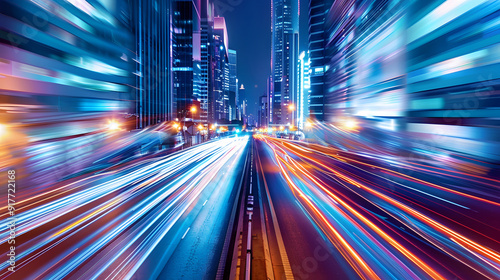 high-speed car motion blur light trails in city streets, urban background with skyscrapers, and modern buildings at night. Long-exposure photography for advertising design 