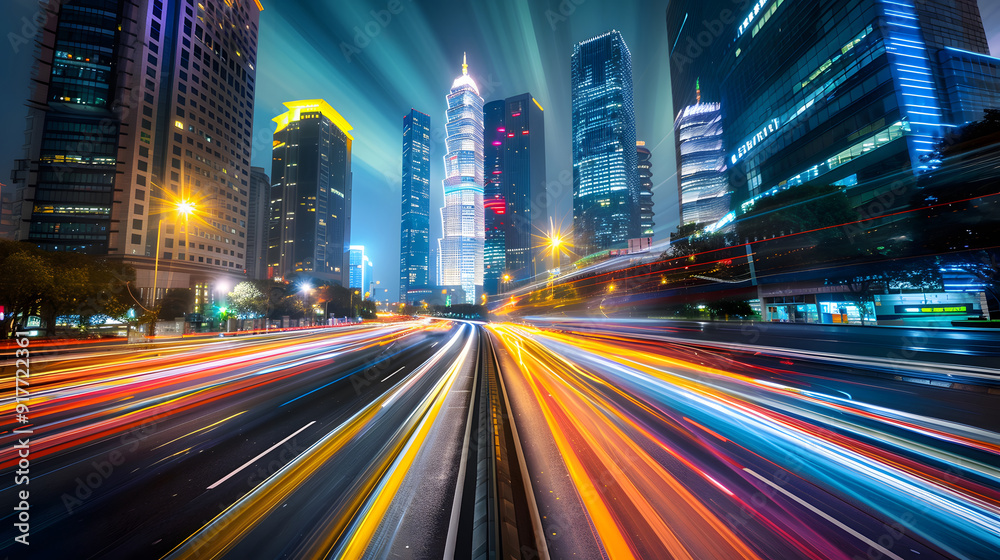 high-speed car motion blur light trails in city streets, urban background with skyscrapers, and modern buildings at night. Long-exposure photography for advertising design high-speed car motion blur light trails in city streets, urban background with skyscrapers, and modern buildings at night. Long-exposure photography for advertising design
