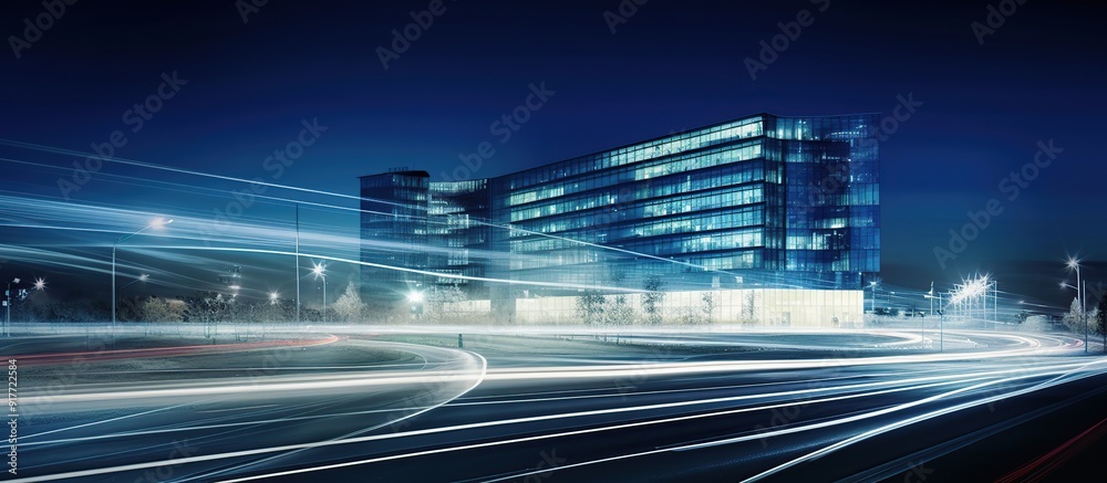 The light trails on the modern building background. The light trails on the modern building background.