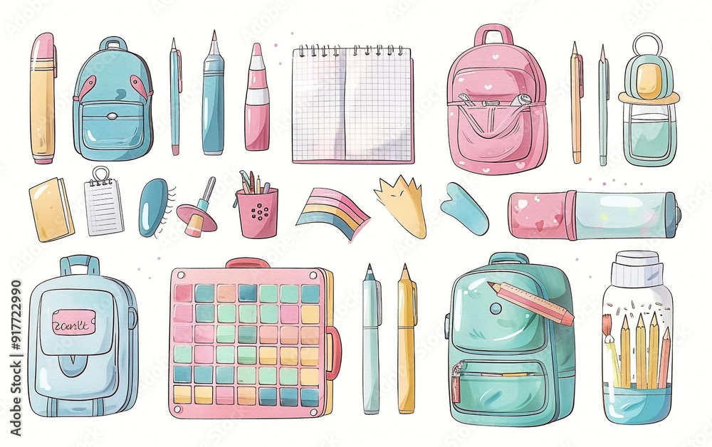 Cute Kawaii School Supplies Illustration Set Cute Kawaii School Supplies Illustration Set