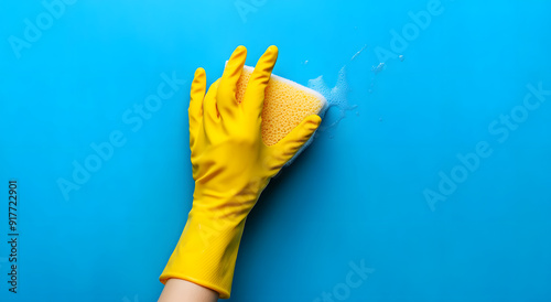 Hand in Yellow Rubber Gloves Washing a Blue Wall with a Sponge, Demonstrating Effective Cleaning Techniques and Household Maintenance for a Fresh and Tidy Living Space