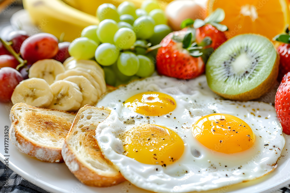 Breakfast spread with eggs, toast, and fruit Breakfast spread with eggs, toast, and fruit