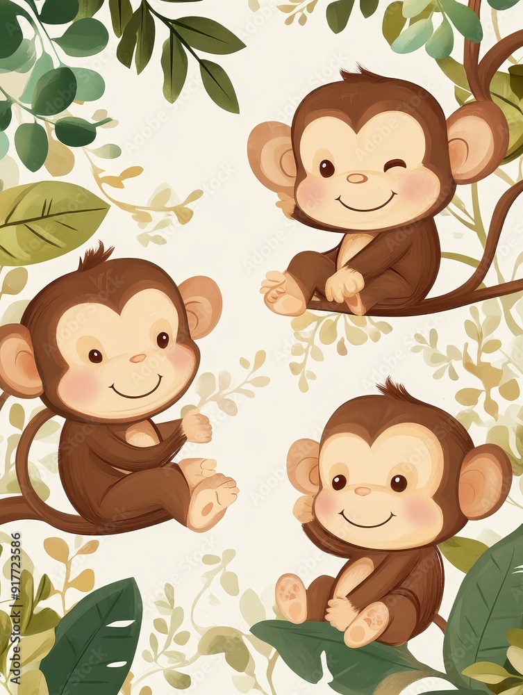 Fototapeta premium Three Adorable Monkeys in Jungle Setting