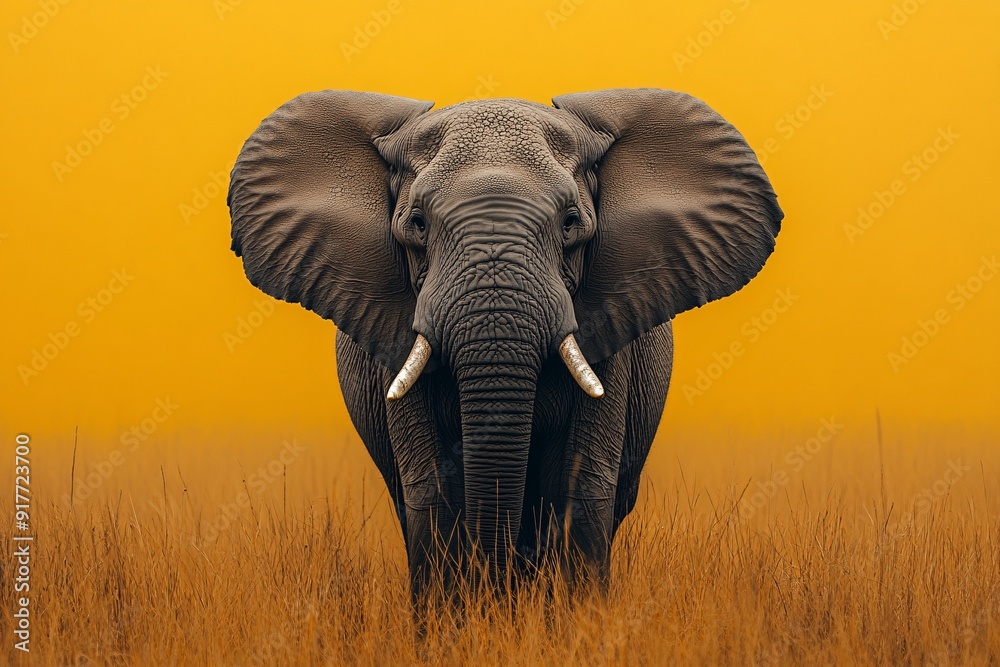 Fototapeta premium Close-up of an elephant standing in tall grass against a vibrant yellow background