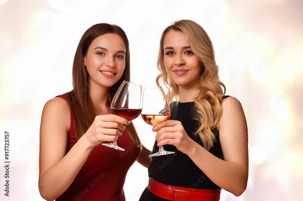 Zwei junge Frauen stoßen mit Weingläser an Zwei junge Frauen stoßen mit Weingläser an