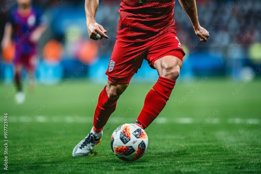 Professional Soccer Player in Red Uniform Sprints, Maintaining Ball Control During Match Professional Soccer Player in Red Uniform Sprints, Maintaining Ball Control During Match
