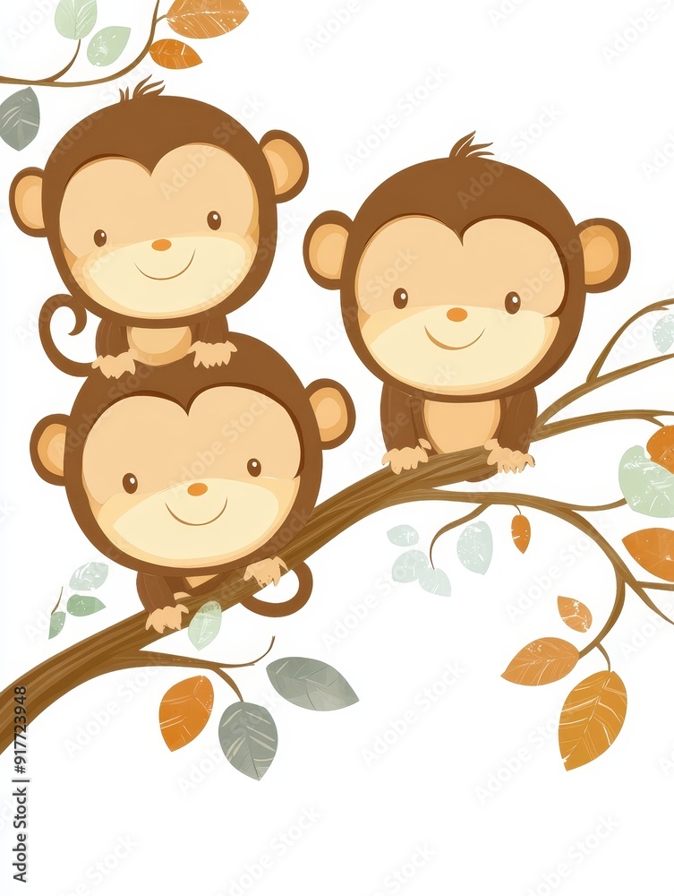 Obraz premium Three Happy Monkeys on a Branch