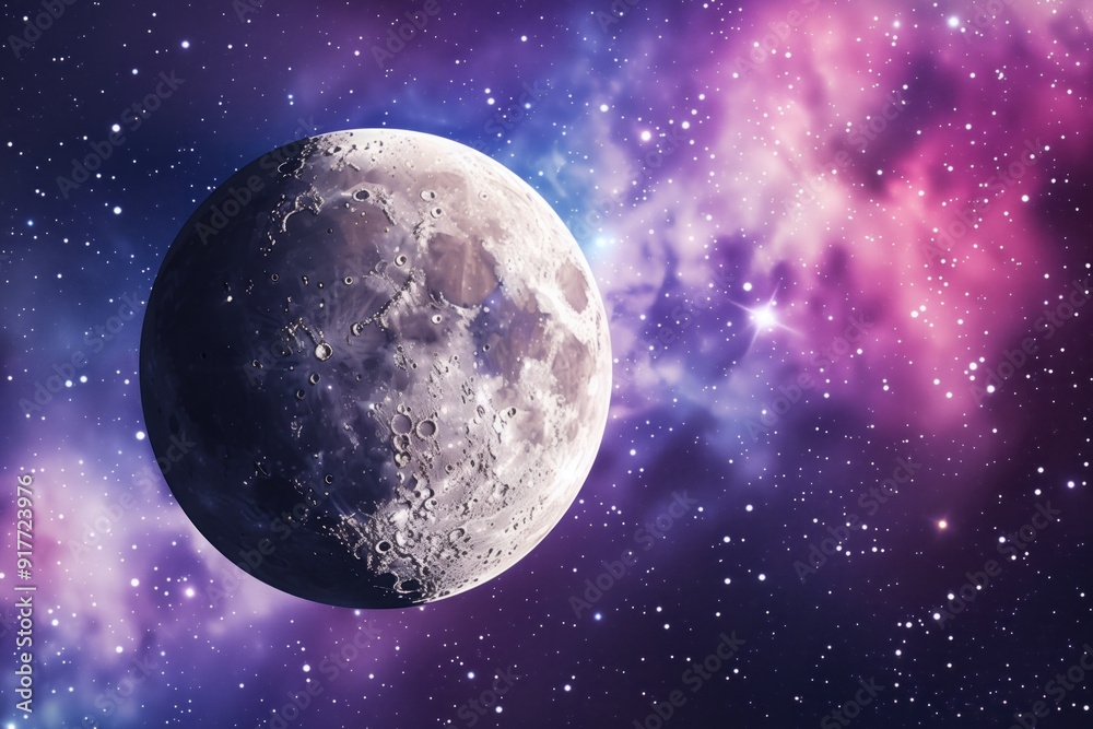 Naklejka premium Full moon in a vibrant purple and blue galaxy