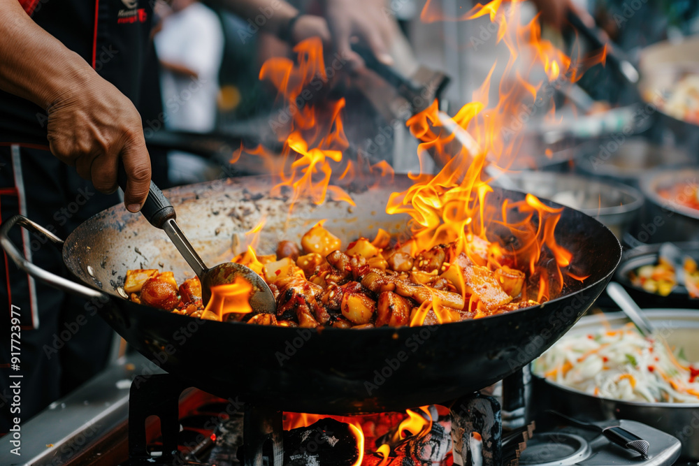 Vegetables being stir-fried with flames in a wok Vegetables being stir-fried with flames in a wok