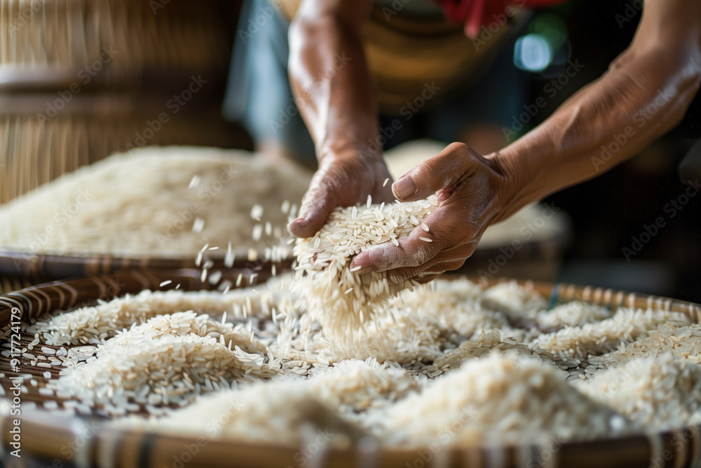 Farmer's hands sifting raw rice grains