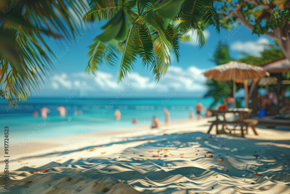 Tropical beach with blurred palm leaves and soft bokeh Tropical beach with blurred palm leaves and soft bokeh