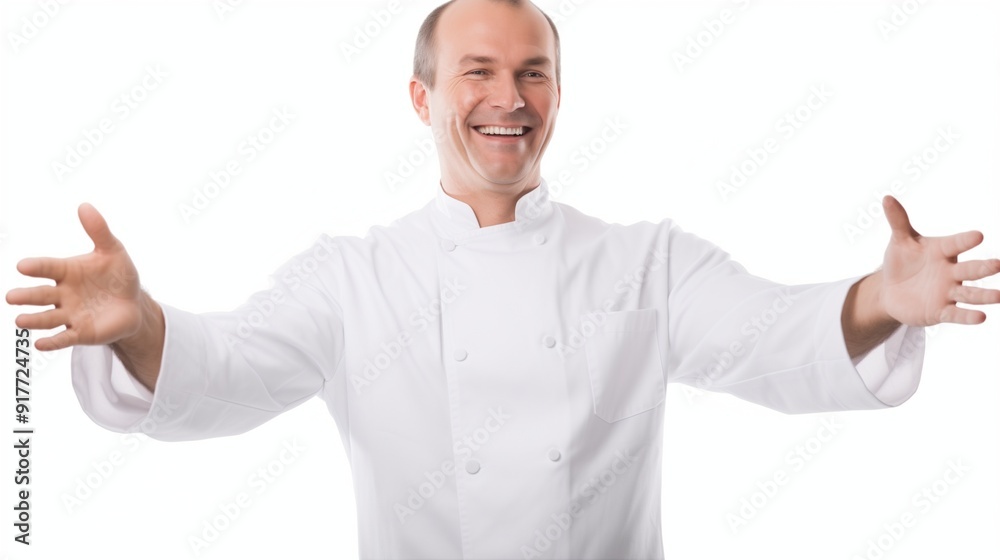 Smiling Chef in White Uniform Greeting with Open Arms on White Background Smiling Chef in White Uniform Greeting with Open Arms on White Background