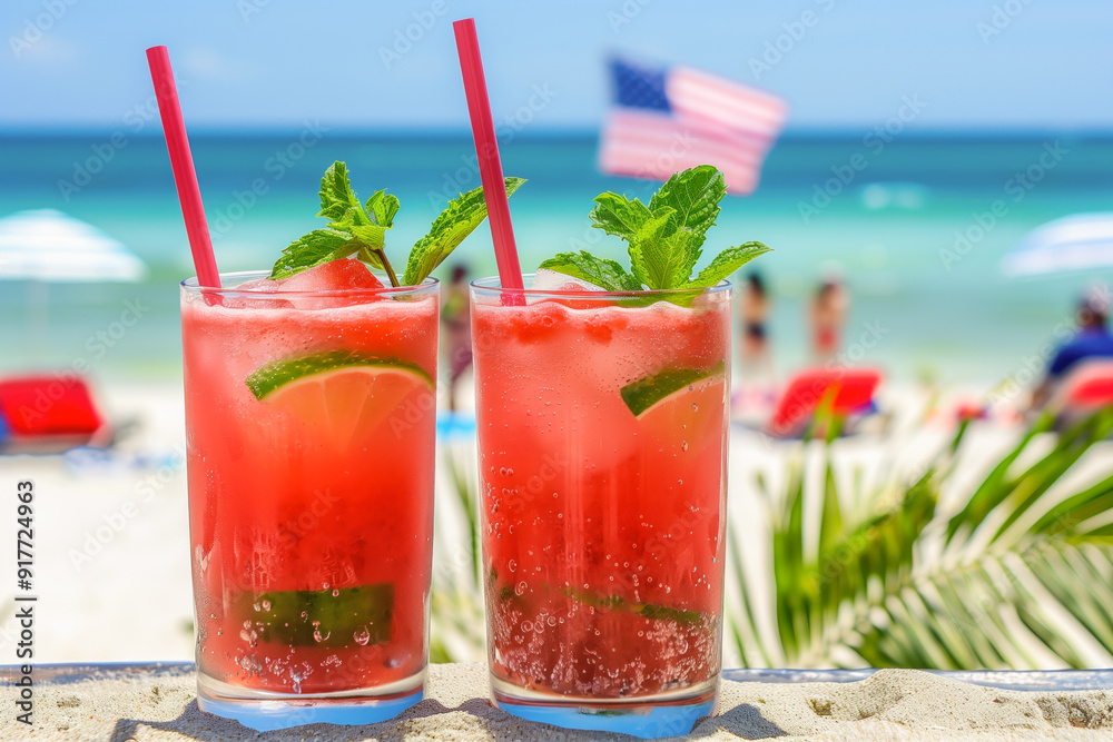 Watermelon mint cooler with lemon on a beachside table Watermelon mint cooler with lemon on a beachside table