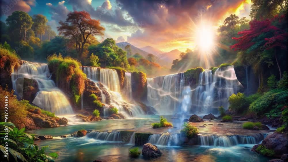 Artistic Waterfall, Digital Mixed Media, Various Light Sources, Lush and Bright, Rich Textures, Diverse Landscape, Stormy Streams of Water Artistic Waterfall, Digital Mixed Media, Various Light Sources, Lush and Bright, Rich Textures, Diverse Landscape, Stormy Streams of Water