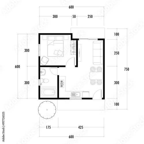 Floor plan blueprint, Figure of the jotting sketch of the construction and the industrial skeleton of the structure and dimensions.