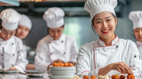 Fototapeta Naklejka Na Ścianę i Meble -  Cooking instructor explaining culinary theory to students, academic setting, skills and cuisine, culinary theory education