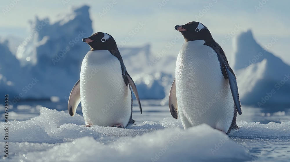 Fototapeta premium Two penguins standing in cold water with icebergs in the background