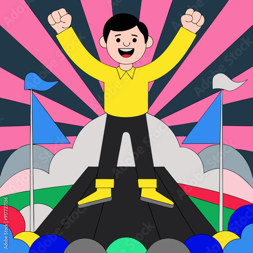 3D style cartoon character of a young adult man in a yellow sweater, standing on top of a small hill with fists raised in the air, eyes closed, and a triumphant smile graphics